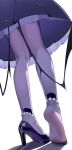  1girl absurdres blue_archive dress frilled_dress frills from_behind high_heels highres hina_(blue_archive) hina_(dress)_(blue_archive) low_wings lower_body painterliuhao pantyhose purple_dress purple_pantyhose shoes single_shoe solo standing wings 