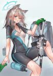 1girl absurdres animal_ears arknights bag bike_shorts biker_clothes blue_archive blue_eyes blue_halo breasts canteen cleavage covered_nipples cross_hair_ornament earrings feet_out_of_frame gradient_background grey_background grey_hair hair_ornament halo highres invisible_chair jewelry kaguura_(kagu) knee_up medium_breasts no_tail shiroko_(blue_archive) shiroko_(cycling)_(blue_archive) short_sleeves simple_background sitting skin_tight solo sportswear sweat weapon_request wolf_ears 