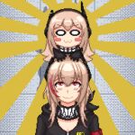  2girls :3 bangs blonde_hair blush blush_stickers closed_mouth dithering english_commentary girls&#039;_frontline gloves hair_between_eyes headgear highres jacket kemonomimicon long_hair looking_at_viewer looking_up m4_sopmod_ii_(girls&#039;_frontline) m4_sopmod_ii_jr multicolored_hair multiple_girls o_o pixel_art red_eyes red_hair scar sidelocks smile streaked_hair sunburst 