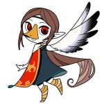  1girl beak brown_hair closed_mouth commentary_request dress feathered_wings full_body headband long_hair looking_at_viewer machigami_yoh pointy_ears red_eyes rito short_sleeves simple_background single_wing solo standing the_legend_of_zelda the_legend_of_zelda:_breath_of_the_wild very_long_hair white_background wings 