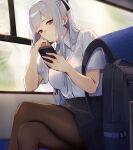  1girl 3_small_spiders ak-12_(girls&#039;_frontline) alternate_costume arm_rest artificial_eye backpack bag braid crossed_legs french_braid girls&#039;_frontline grey_hair hand_on_own_cheek hand_on_own_face head_on_hand head_rest holding holding_phone light_smile long_hair mechanical_eye pantyhose phone ponytail school_uniform shirt sitting solo white_shirt 