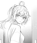  1girl ahoge alisa_mikhailovna_kujou blush breasts commentary frown greyscale highres long_hair looking_at_viewer looking_back monochrome official_art parted_lips ponytail raised_eyebrows solo symbol-only_commentary tenacitysaho tokidoki_bosotto_roshia-go_de_dereru_tonari_no_arya-san white_background 