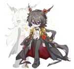  2boys arknights black_bow black_bowtie black_cape black_footwear black_hair black_pants bow bowtie cape collared_shirt deformed ebenholz_(arknights) hair_between_eyes hair_bow highres horns jiekuijiangshadaonijiamenkou kreide_(arknights) long_hair long_sleeves male_focus multiple_boys open_mouth pants ponytail purple_eyes red_bow shirt short_hair simple_background sketch smile sparkle two-sided_cape two-sided_fabric white_background white_shirt 