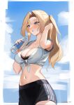  1girl arm_up blonde_hair blue_sky bottle breasts cleavage cloud dawn_1945 dolphin_shorts highres holding holding_bottle hornet_(kancolle) kantai_collection large_breasts long_hair midriff navel ponytail shirt shorts sky solo tied_shirt water_bottle 