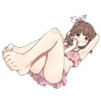  1girl aa211108 arm_behind_head armpits ass bare_legs barefoot bikini blunt_bangs blush breasts brown_hair collarbone dot_nose feet foot_focus frilled_bikini frills hair_ribbon hand_on_own_cheek hand_on_own_face idolmaster idolmaster_cinderella_girls light_smile looking_at_viewer medium_hair pink_bikini ribbon sakuma_mayu simple_background small_breasts solo swimsuit thighs white_background white_ribbon 