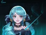  1girl bare_shoulders black_bow black_gloves black_sleeves bow collarbone drill_hair gloves green_eyes green_hair gwen_(league_of_legends) hair_bow hands_up holding holding_sewing_needle league_of_legends oversized_object pink_eyes scissors smile solo syami_(choiimi) teeth twin_drills twintails 