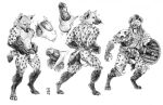  anthro armor balls bodily_fluids bone bone_armor bulge butt claws clothing erection fluffy genital_fluids genitals gnoll headgear helmet hi_res humanoid_genitalia humanoid_penis hyaenid looking_down male mammal momamo monochrome multiple_scenes open_mouth panties penis precum shaggy_fur shield small_clothing solo spotted_hyena tight_clothing tight_panties tight_underwear underwear whiskers worried 