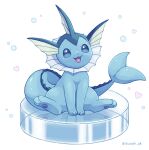 artist_name bubble fins highres ibusaki_(ivu) looking_at_viewer no_humans open_mouth pokemon pokemon_(creature) simple_background sitting smile solo spikes twitter_username vaporeon white_background 