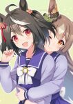  2girls ahoge black_hair breasts brown_hair commentary_request hair_ornament highres horse_girl hug kitasan_black_(umamusume) looking_at_viewer medium_breasts medium_hair multiple_girls one_eye_closed red_eyes satono_diamond_(umamusume) school_uniform silky_(silky_alice) simple_background smile tracen_school_uniform umamusume yellow_eyes 