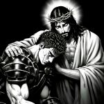 1:1 absurd_res armor beard berserk_(series) black_and_white black_hair christianity conforting crown_of_thorns duo eyelashes facial_hair guts_(berserk) hair hand_on_shoulder hi_res human human_only jesus_christ long_hair looking_down male mammal monochrome muscular muscular_male not_furry religion sad short_hair unknown_artist
