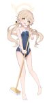 1girl absurdres bare_arms bare_legs bare_shoulders barefoot blue_archive blue_one-piece_swimsuit broom commentary_request full_body hair_ornament halo hifumi_(blue_archive) highres light_brown_hair long_hair looking_at_viewer low_twintails one-piece_swimsuit open_mouth school_swimsuit solo swimsuit twintails white_background yellow_eyes yoi0341 
