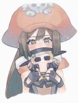  1girl black_gloves brown_hair cabbie_hat fingerless_gloves gloves guilty_gear guilty_gear_xrd hat hat_ornament highres johnny_(guilty_gear) ky4274 long_hair looking_at_viewer may_(guilty_gear) orange_hat pirate_hat skull_and_crossbones skull_hat_ornament upper_body yellow_eyes 