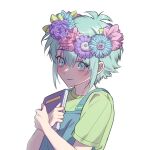  1boy basil_(headspace)_(omori) basil_(omori) blue_overalls blush book closed_mouth flower green_eyes green_hair green_shirt head_wreath highres holding holding_book looking_at_viewer omori overalls shirt short_hair short_sleeves simple_background smile solo torete_(70re7e) upper_body white_background 