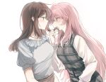  2girls artist_request bang_dream! bang_dream!_it&#039;s_mygo!!!!! blush brown_hair chihaya_anon closed_mouth commentary commission dress eye_contact frilled_shirt frills grey_dress hand_in_another&#039;s_hair highres jewelry kissing_hair leaning_forward long_hair long_sleeves looking_at_another multiple_girls nagasaki_soyo necklace pinafore_dress pink_hair second-party_source shirt simple_background sleeveless sleeveless_dress upper_body white_background white_shirt yuri 