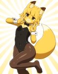  1girl animal_ear_fluff animal_ears black_bow black_bowtie black_leotard blonde_hair bow bowtie brown_pantyhose commentary_request double_v empty_eyes flat_chest foot_out_of_frame foot_up fox_ears fox_girl fox_tail furry furry_female leotard looking_at_viewer medium_bangs no_shoes open_mouth original pantyhose shirosato short_hair solo standing standing_on_one_leg strapless strapless_leotard tail v wrist_cuffs 