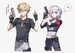  aventurine_(honkai:_star_rail) belt belt_buckle black_belt black_gloves black_shirt blonde_hair buckle dog_tags fingerless_gloves gloves grey_hair gun handgun highres holding holding_gun holding_weapon honkai:_star_rail honkai_(series) jewelry midriff midriff_peek multicolored_eyes multicolored_hair navel necklace official_alternate_costume osamu18568716 red_hair shirt short_hair short_sleeves simple_background split-color_hair streaked_hair t-shirt topaz_(honkai:_star_rail) two-tone_eyes two-tone_hair weapon 