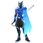  1boy absurdres armor blue_armor blue_cape cape energy_cape energy_sword full_body gauntlets highres holding holding_sword holding_weapon king knight ohgercalibur ohsama_sentai_king-ohger shoulder_armor super_sentai sword tokusatsu tombo_ohger tongzhen_ganfan weapon yanma_gast 