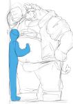  2022 anthro araiguma_11 belly big_belly bottomwear bovid bovine bulge cattle clothed clothing duo hoodie kemono male mammal musclegut overweight overweight_male pants raised_clothing raised_shirt raised_topwear shirt sketch topwear 