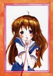  1girl blush_stickers border brown_hair clannad cowboy_shot finger_to_mouth highres hikarizaka_private_high_school_uniform lipstick long_hair looking_at_viewer makeup miyazawa_yukine official_art open_mouth scan school_uniform solo string string_of_fate yamada_naoko 