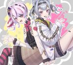  2girls ahoge back-to-back bandaid bandaid_on_leg candy eyepatch food frilled_sleeves frills grey_hair heart heart_ahoge highres huge_ahoge jacket lollipop long_hair looking_at_viewer manasuke_(_ninoninini) maria_marionette multiple_girls nijisanji nijisanji_en pink_eyes pink_hair pleated_skirt ponytail purple_eyes short_twintails side_ponytail sitting skirt sleeves_past_wrists striped_clothes striped_thighhighs thighhighs twintails virtual_youtuber white_jacket zaion_lanza 