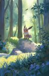  commentary eevee falling_leaves flower grass highres leaf moss motion_blur nature no_humans pokemon pokemon_(creature) renl0l rock solo standing tree 