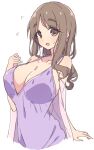  1girl breasts brown_eyes brown_hair cleavage collarbone commentary_request dress earrings highres jewelry large_breasts long_hair looking_at_viewer matsumoto_yoriko mature_female mel_(melty_pot) open_mouth purple_dress simple_background sleeveless sleeveless_dress solo white_background yuyushiki 