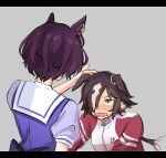  2girls animal_ears blush brown_hair crying crying_with_eyes_open ears_down grey_background hair_over_one_eye highres horse_ears jacket kashu_ri long_hair long_sleeves low_ponytail multiple_girls open_clothes open_jacket open_mouth petting purple_shirt sailor_collar school_uniform shirt short_hair short_sleeves tanino_gimlet_(umamusume) tearing_up tears tracen_school_uniform umamusume upper_body v-shaped_eyebrows vodka_(umamusume) 