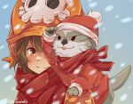  1girl animal animal_in_clothes blush brown_hair cabbie_hat christmas dodomezaki guilty_gear guilty_gear_strive hat hat_ornament highres long_hair long_sleeves looking_at_viewer may_(guilty_gear) mil17459623 orange_eyes orange_hat otter red_hat red_scarf scarf skull_and_crossbones skull_hat_ornament smile 