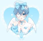  1boy :p androgynous angel_wings bandaid bandaid_on_cheek bandaid_on_face blue_background blue_bow blue_choker blue_eyes blue_eyeshadow blue_hair blue_sweater bow bow_choker bow_earrings choker ciel_phantomhive collarbone dark_blue_hair earrings english_text eyepatch eyeshadow frilled_choker frilled_eyepatch frills hair_between_eyes hair_bow hair_ornament halo heart heart_eyepatch heart_hair_ornament jewelry kuroshitsuji makeup male_focus maya_(bearrabbit) melting_halo pastel_colors small_sweatdrop solo star_(symbol) sweater tongue tongue_out wings 