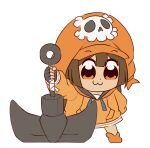  1girl :3 anchor bkub_(style) black_gloves brown_hair cabbie_hat fingerless_gloves gloves guilty_gear guilty_gear_strive hat hat_ornament highres holding holding_anchor hood hoodie koorogi_satomi long_hair long_sleeves looking_at_viewer may_(guilty_gear) mil17459623 orange_eyes orange_footwear orange_hat orange_hoodie skull_and_crossbones skull_hat_ornament smile 