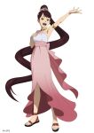  1girl armlet armpits bare_shoulders black_clover black_clover_m:_rise_of_the_wizard_king brown_eyes brown_hair full_body gold_armlet high_ponytail highres kahono long_hair long_skirt official_alternate_costume official_art open_mouth pink_skirt ponytail sandals shell_hair_ornament shirt simple_background skirt sleeveless sleeveless_shirt solo teeth upper_teeth_only very_long_hair white_background white_shirt 