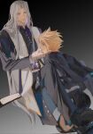  2boys acutecrane blonde_hair blush book cloud_strife cross final_fantasy final_fantasy_vii finger_in_another&#039;s_mouth grey_hair grin highres kneeling long_hair male_focus multiple_boys priest sephiroth simple_background smile spiked_hair suit yaoi 