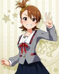  1girl asymmetrical_bangs black_skirt breasts brown_hair buttons clenched_hand collar collarbone cowboy_shot dot_nose flipped_hair forehead futami_ami grey_serafuku grey_shirt grin hair_ribbon idolmaster idolmaster_(classic) idolmaster_million_live! idolmaster_million_live!_theater_days junior_high_schoolmate_(idolmaster) light_blush long_sleeves looking_at_viewer neck_ribbon official_alternate_costume official_art plaid_collar pleated_skirt purple_eyes red_ribbon ribbon school_uniform serafuku shirt short_hair side_ponytail single_sidelock skirt small_breasts smile solo starry_background swept_bangs v-shaped_eyebrows w white_collar yellow_ribbon 