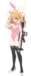  1girl absurdres ahoge alternate_costume animal_ears assault_rifle bare_shoulders blonde_hair blue_archive blush bow bowtie breasts brown_eyes cain_(gunnermul) candy chocolate_coin closed_mouth covered_navel detached_collar fake_animal_ears fn_scar fn_scar_17 food full_body gun hair_ribbon hairband halo high_heels highleg highleg_leotard highres leotard long_hair looking_at_viewer mouth_hold playboy_bunny rabbit_ears ribbon rifle simple_background small_breasts solo standing strapless strapless_leotard tail thighhighs transparent_background twintails weapon wrist_cuffs yoshimi_(blue_archive) 