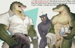 abs absurd_res anthro balls bottomwear bulge clothed clothing english_text erection felid genitals green_body hi_res k0bit0wani male mammal muscular muscular_male pantherine pants pecs penis reptile scalie shirt simple_background text topwear