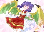  1girl commission dragon_wings dress fire_emblem fire_emblem:_the_sacred_stones fire_emblem_heroes flower hair_flower hair_ornament highres ikonaska myrrh_(fire_emblem) myrrh_(valentine)_(fire_emblem) official_alternate_costume puffy_short_sleeves puffy_sleeves purple_hair red_dress red_eyes short_sleeves skeb_commission skirt_hold smile solo twintails white_dress wings 