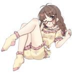  1girl aa211108 akizuki_ritsuko antenna_hair blunt_bangs blush braid breasts brown_eyes brown_hair collarbone dot_nose eyelashes finger_to_eye frilled_pajamas frilled_shorts frilled_socks frills hair_ribbon idolmaster idolmaster_million_live! idolmaster_million_live!_theater_days looking_at_viewer medium_breasts official_alternate_costume one_eye_closed pajamas parted_lips pink_ribbon ribbon short_sleeves shorts sidelocks simple_background socks solo twin_braids white_background yellow_pajamas yellow_socks 