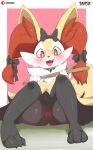  2022 3_toes 4_fingers absurd_res anthro anus artist_name black_body black_collar black_fur black_ribbon blush blush_lines bodily_fluids border braixen butt cheek_tuft claws collar digital_media_(artwork) facial_tuft fangs feet female fingers front_view fur generation_6_pokemon genitals hi_res holding_object holding_stick inner_ear_fluff looking_at_viewer multicolored_body multicolored_fur neck_tuft nintendo nude open_mouth open_smile patreon patreon_logo pink_anus pink_background pokemon pokemon_(species) pussy red_body red_eyes red_fur red_inner_ear_fluff red_nose ribbons sarox simple_background sitting smile solo stick tears toe_claws toes tongue tuft video_games white_body white_border white_fur yellow_body yellow_fur 