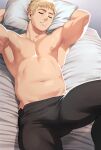  1boy armpits arms_behind_head arms_up bara bed black_pants blonde_hair bulge closed_eyes drooling dungeon_meshi highres laios_touden lying male_focus muscular muscular_male navel nifast_(greentail) nipples on_back on_bed pants pectorals pillow plump short_hair sleeping solo stomach topless_male twitter_username very_short_hair 