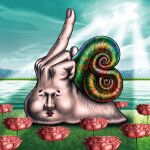  1other 88kasyo_junrei album_cover cover creature expressionless flower full_body grass highres lips looking_at_viewer middle_finger outdoors river sky snail sunlight surreal taniguchi_takashi water 