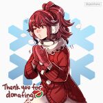  1girl anna_(fire_emblem) blush commentary dress earmuffs fire_emblem fire_emblem_awakening fire_emblem_fates gzei highres medium_hair mittens nose_blush ponytail red_dress red_eyes red_hair red_mittens scarf solo sweater sweater_dress twitter_username upper_body white_background white_scarf 