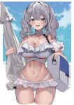  1girl bag beach_umbrella bikini blue_eyes blue_sky blush breasts cleavage cropped_legs day frilled_bikini frills grey_hair hair_between_eyes highres holding holding_umbrella kantai_collection kashima_(kancolle) large_breasts long_hair looking_at_viewer open_mouth picoli1313 sky solo swimsuit twintails umbrella 