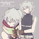  1boy artist_name bags_under_eyes bare_shoulders belt detached_sleeves fingerless_gloves gloves gnosia grey_eyes grey_hair hair_between_eyes hood looking_at_viewer male_focus purple_eyes raciraci_tatan remnan_(gnosia) short_hair simple_background solo 