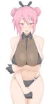 1girl absurdres arm_under_breasts bare_shoulders bikini black_bikini black_collar black_gloves black_scarf blush breasts collar collarbone commentary double_bun facing_viewer furrowed_brow gloves hair_between_eyes hair_bun hair_scarf half_gloves highres jitome large_breasts looking_at_viewer navel open_mouth original pink_eyes pink_hair rabbit_ornament scarf see-through sideboob simple_background smile solo stomach swimsuit teeth thigh_gap thighs wasabijoyu76 white_background 