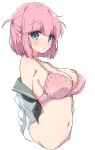  1girl :o aged_up aqua_eyes blunt_bangs blush bocchi_the_rock! bra breasts cleavage commentary_request gotoh_futari highres large_breasts looking_at_viewer mel_(melty_pot) navel pink_bra pink_hair shirt short_hair simple_background solo underwear upper_body white_background white_shirt 