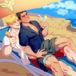  2boys alternate_costume ao_isami bara beach beach_umbrella black_hair blonde_hair blush cocktail couple day facial_hair feet_out_of_frame highres lewis_smith male_focus male_swimwear multiple_boys ocean pectoral_cleavage pectorals sand shy sideburns_stubble sitting sitting_on_lap sitting_on_person stubble sunsetcolorscat swim_trunks thick_eyebrows umbrella yaoi yuuki_bakuhatsu_bang_bravern 