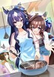  3girls :3 absurdres animal_ears aoki_hagane_no_arpeggio apron black_tank_top blue_eyes blue_hair breasts ceiling_light cheval_grand_(umamusume) commentary_request cooking denim denim_shorts ear_covers ears_through_headwear hat highres holding holding_pan holding_spatula hood hood_down hoodie horse_ears horse_girl horse_tail indoors lamp long_sleeves medium_breasts multicolored_hair multiple_girls open_mouth peaked_cap shorts single_ear_cover smile spatula streaked_hair sunny_(20597521) tail tank_top umamusume v_sisters verxina_(umamusume) vivlos_(umamusume) white_hair white_hat 