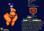 anthro bear beatrice_(wbu) belly big_belly big_breasts blue_hair bottomwear breasts character_name chicago_bears clothed clothing covered_nipples curvy_figure digital_media_(artwork) english_text exposed_breasts female hair jacket logo mammal model_sheet navel nfl orange_body pixel_(artwork) shorts simple_background smile solo sport text thick_thighs topwear voluptuous voluptuous_anthro wbu wide_hips