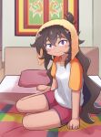  1girl antenna_hair black_hair blanket blush_stickers curly_hair do_it_yourself!! dolphin_shorts grief_loss indoors kouki_kokoro long_hair on_bed orange_shirt pillow purple_eyes purple_shorts shirt shorts sitting solo towel towel_on_head two-tone_shirt white_shirt yokozuwari 