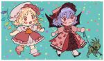  2girls blonde_hair blue_hair chibi chupacabra dress flandre_scarlet frilled_dress frills k0nfette multiple_girls pet red_eyes remilia_scarlet siblings sisters touhou wings 